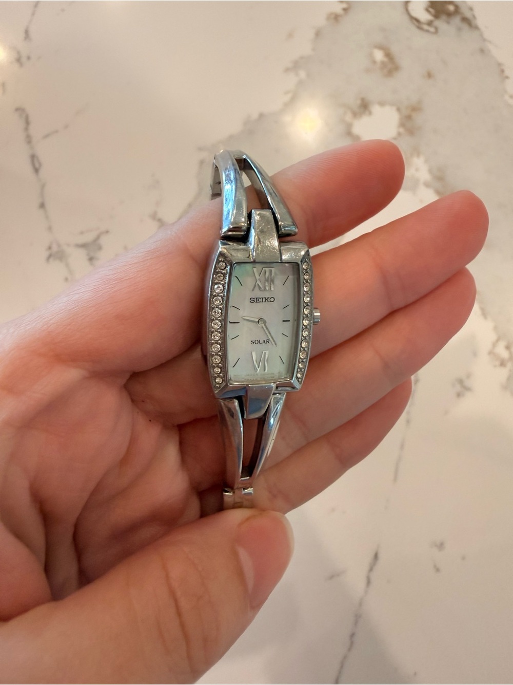 Seiko Silver Crystal-Trim Solar Bangle Watch with Mother-of-Pearl Dial